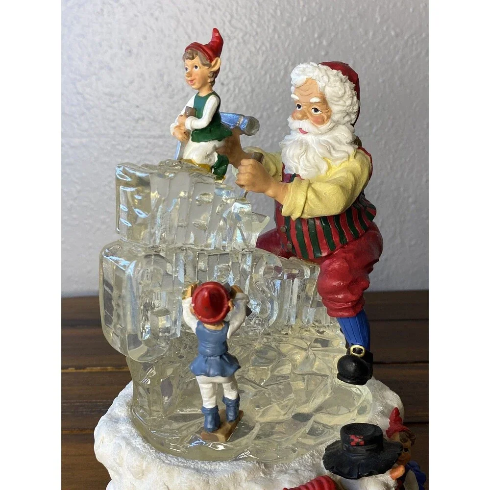Vintage Santa Claus Elves Musical Lighted MERRY CHRISTMAS Ice Carving 7.5” Gift
